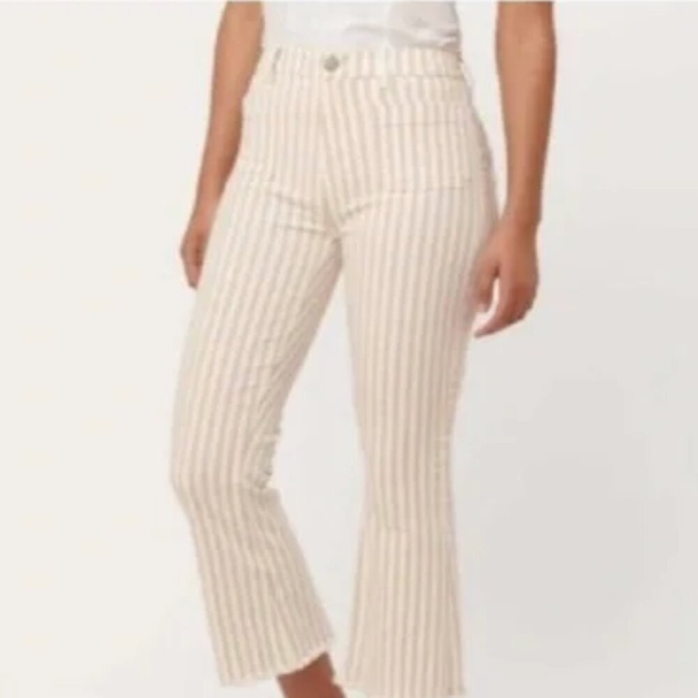 LOFT Tan/White Striped High Waist Kick Flared Crop Jeans Raw Frayed Hem 27/4